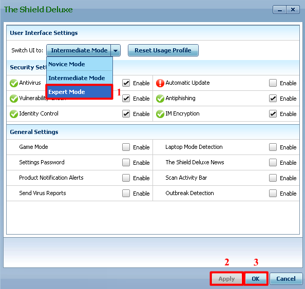 The Shield Deluxe User Interface Setting