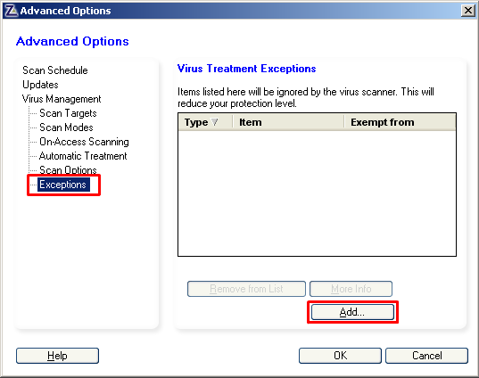 ZoneAlarm Anti-virus Advanced Options